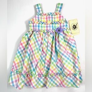 NWT GOOD LAD Rainbow Gingham Plaid Ruffle Flower Applique Easter‎ Dress Size 2T